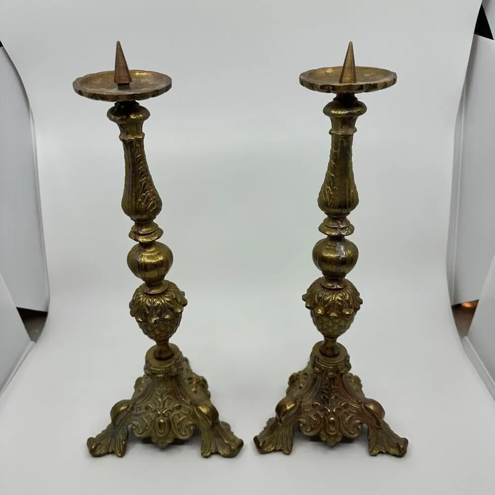 Ornate Brass Alter Candlesticks Pair